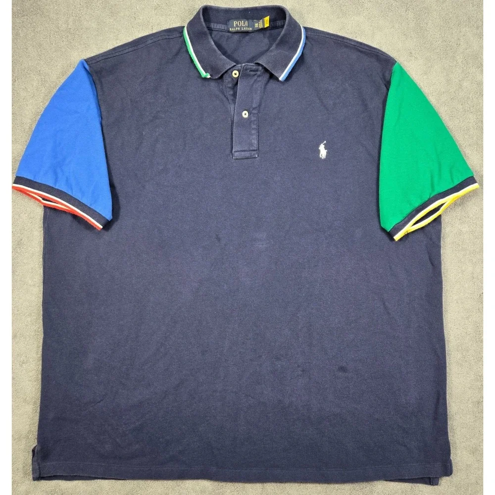 Polo Ralph Lauren 2XB Shirt Mens Big Tall Colorblock Navy Blue Mesh Polo Top